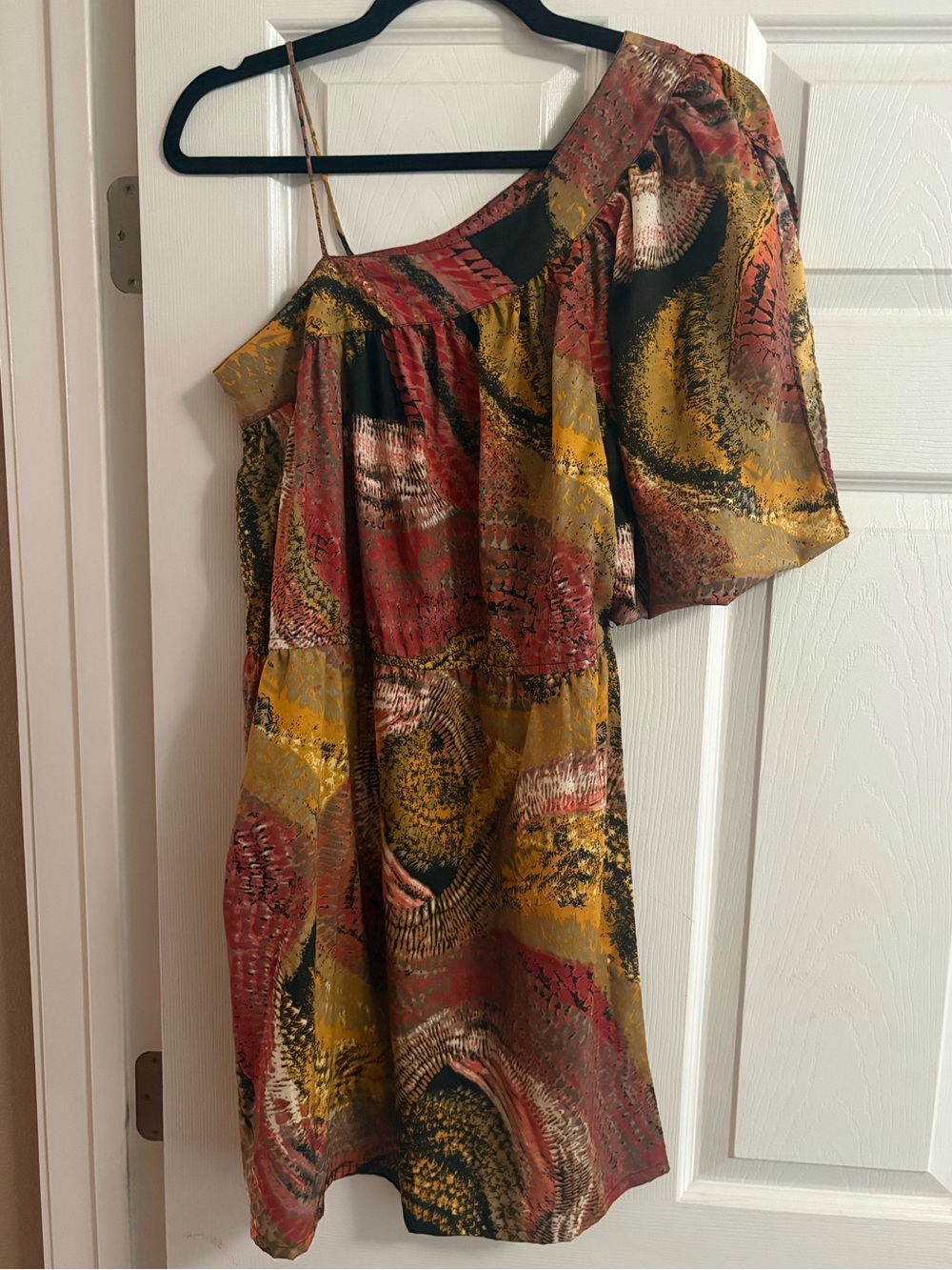 Angie boho bohemian one shoulder mini dress peasant artsy art to wear L
